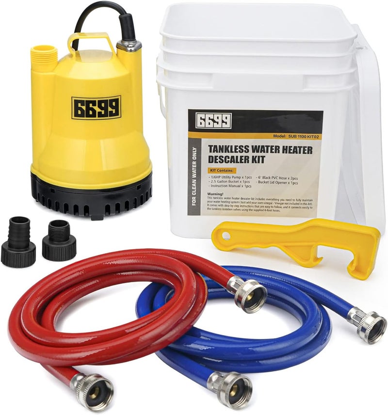 6699 Tankless Water Heater Flushing Kit Includes 1/6HP Submersible Sump Pump with Two Adapters & 3 Gallons Pail with Bucket Lid Opener & Two 1/2” Dia X 6’ PVC Hoses with Washers - Image 1